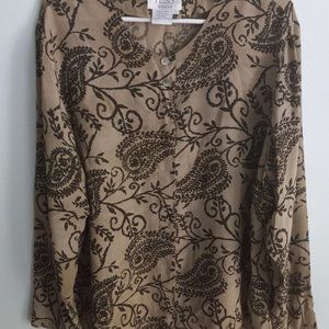 %silk dressy blouse, paisley design, tan  black, long sleeve, button front, TESS